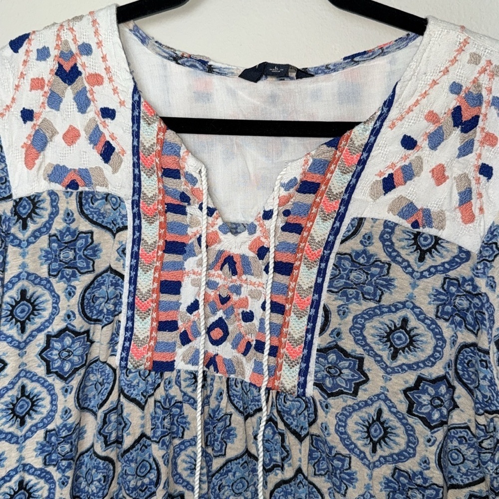 Lucky Brand 3/4 Sleeve Blouse Embroidered Boho Blue Tassle Tunic Women Large EUC - Picture 4 of 11